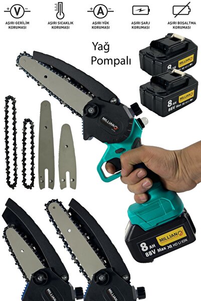 Millian 88 V 8 Ah Yağ Pompali Çift Akülü 10 - 15 cm Pala Şarjlı Dal Kesme Bud...