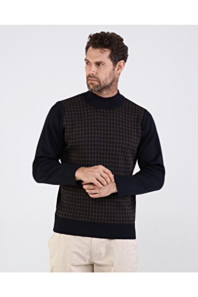 Çizgi Triko Чоловічий напіврибальський комір, темно-синій светр з візерунком, еластичні манжети та пояс, сталеве плетіння