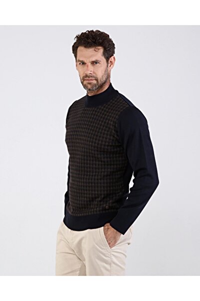 Çizgi Triko Чоловічий напіврибальський комір, темно-синій светр з візерунком, еластичні манжети та пояс, сталеве плетіння