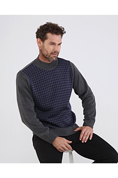 Çizgi Triko Чоловічий светр з напіврибальським коміром, сірий, з візерунком на рукавах і талії, еластичний, класичний