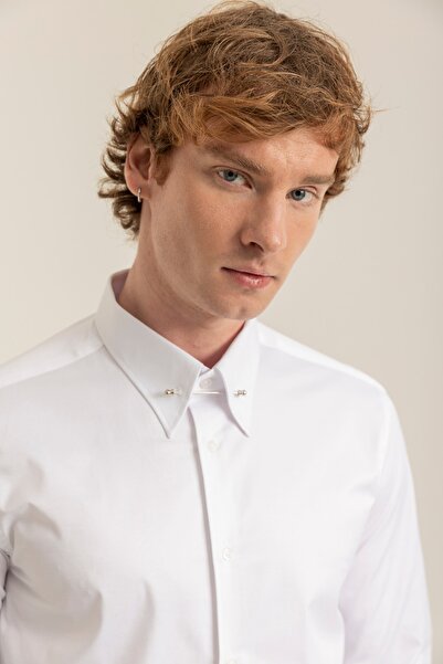 alenmeza Erkek Beyaz %100 Pamuk Saten Iğneli Yaka Non-ıron Ütü Istemeyen Casu...