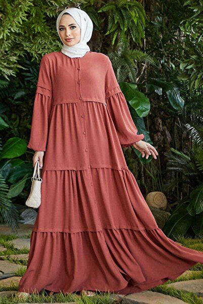 Neways 6549-krep Düğmeli Büzgülü Ferace Kiremit