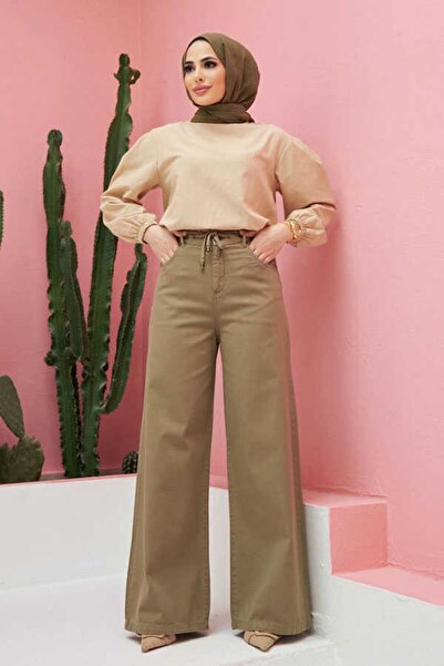 Neways 1123-denim Parça Boyalı Bağcıklı Bol Paça Pantolon Haki