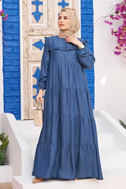 Neways 6584-büzgülü Elbise Koyu Mavi