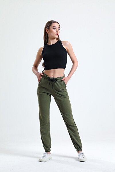 ladyzey Γυναικείο φούτερ με κορδόνι τσέπης Χακί με ελαστικό πόδι στη μέση