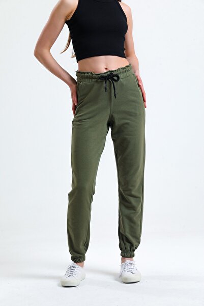 ladyzey Γυναικείο φούτερ με κορδόνι τσέπης Χακί με ελαστικό πόδι στη μέση