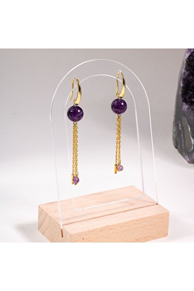 OSMANLI DOĞAL TAŞ Sertifikalı Ametist Doğal Taşlı Zincir Detaylı Gümüş Küpe