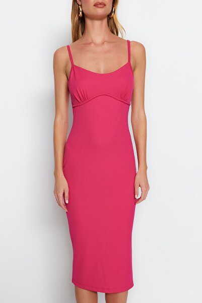 Trendyol Collection Rugalmas, vezetékes kötött Midi ruha - állítható pánt, fukszia, TWOSS23EL01868