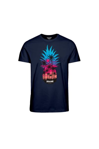 Jack & Jones Jack&jones Sıfır Yaka Baskılı Lacivert Erkek %100 Pamuk T-shirt 12238132