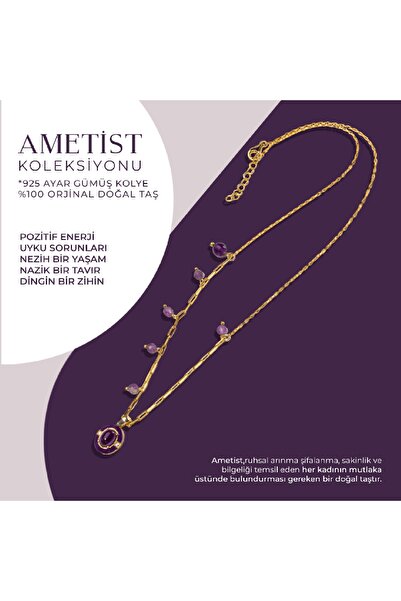 OSMANLI DOĞAL TAŞ Sertifikalı Ametist Doğal Taşlı Sallantılı Gümüş Tasarım Kolye