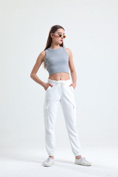 ladyzey Γυναικεία φούτερ εκρού Cargo Pocket Corded Waist Elastic
