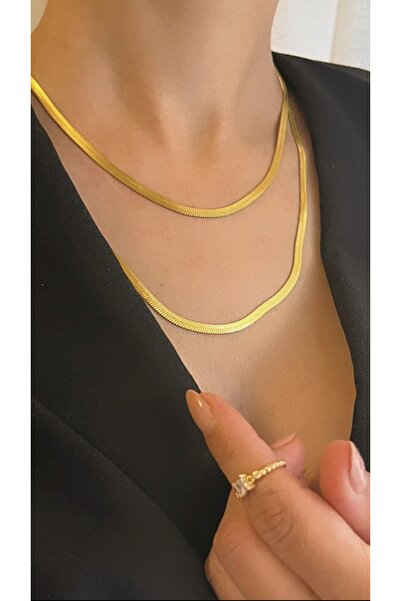 Pigna Aksesuar طقم قلادة نسائي مزدوج من الفولاذ المطحون باللون الذهبي بسلسلة ...