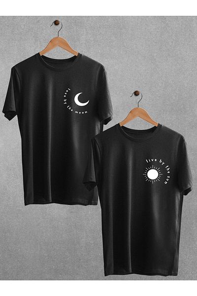 Pear Wear Μπλουζάκι με στάμπα Moon Sun Dear Couple Suit Moon Sun Μαύρο Λευκό Oversize Couple T-shirt