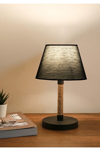 HOMİNG Halatlı Gövdeli Dekoratif Abajur Siyah Kumaş Başlık