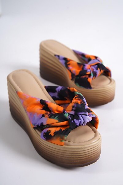 Modabuymus Pointy Orange Batik Platform Wedge Heeled Women's Slippers