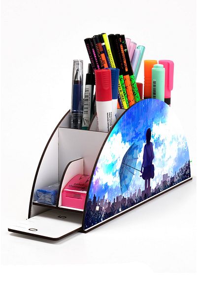 kutuTR Wooden Vip Anime Series Rainbow Ruled Desktop Pen Holder For Kids Organizer Assembled Boxed