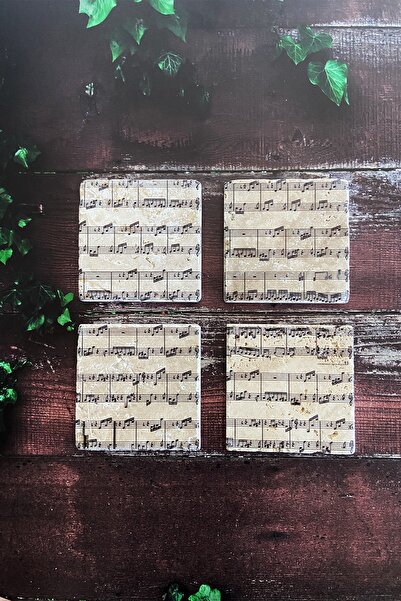 Baumatelier Music Notes Patterned Natural Stone Travertine Coasters Set of 4