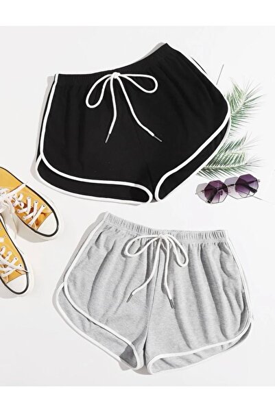 SELENA BUTİK Women's Black Gray Combed Cotton Mini Shorts 2-Piece Set Combina...