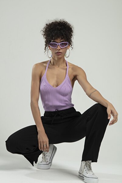 sifu tekstil Kadın Lila Renkli Boyundan Bağlamalı Fitilli Spor Triko Büstiyer...