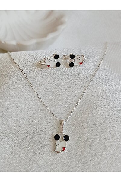 KESKİN GÜMÜŞ 18 Ayar Altın Kaplama Mickey Mause Mineli Çocuk Kolye Ve Küpe Tr...