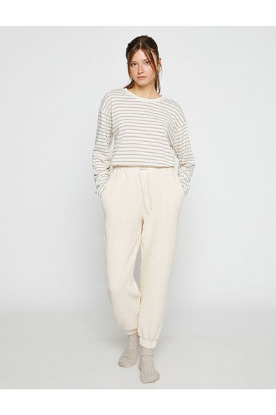 Koton Plush Jogger Pajama Bottoms with Lace Waist Pocket Detail