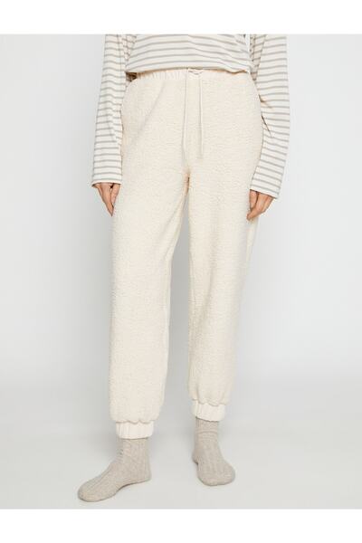 Koton Plush Jogger Pajama Bottoms with Lace Waist Pocket Detail