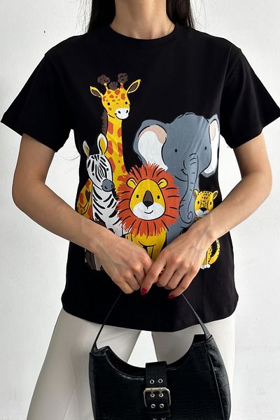 FEMELLE Tricou de damă negru cu gât cu imprimeu 100% bumbac