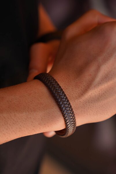 THE Gifts Erkek Hakiki Deri Bileklik Kahverengi Renk Örgü Bileklik