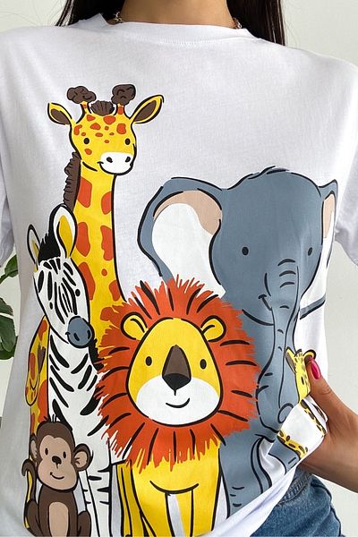 FEMELLE Tricou alb pentru damă, cu gât crew, imprimat 100% bumbac