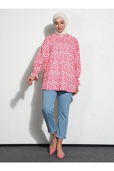 Refka Geometric Patterned Sleeve Flywheel Tunic - Coral - Casual
