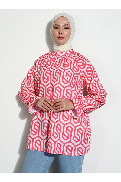 Refka Geometric Patterned Sleeve Flywheel Tunic - Coral - Casual