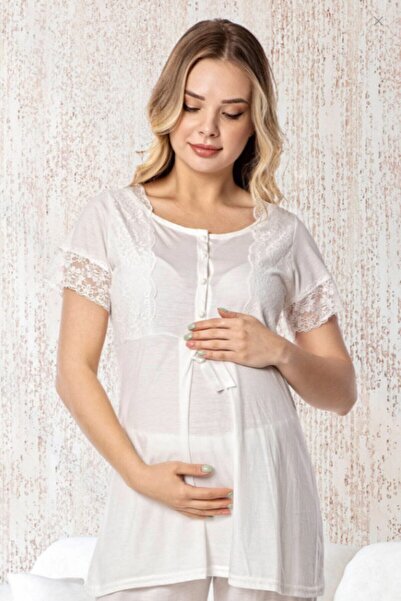 Genel Markalar Polat Yıldız Kadın Ekru Lohusa Hamile Sabahlıklı Pijama Takımı 3'lü Set 50107