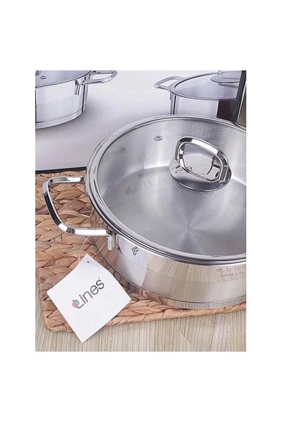 Lines Silver Steel Flat Pot 22cm
