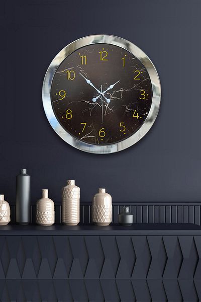 Kasva Concept Gift 36 cm Chrome Metal Black Patterned Wall Clock