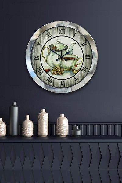 Kasva Concept Gift 36 cm Chrome Metal Teapot Kitchen Wall Clock