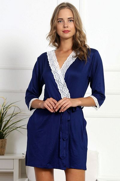 VİENETTA Women's Indigo Lace 7/8 Sleeve Polyester Dressing Gown Edy4209s-i