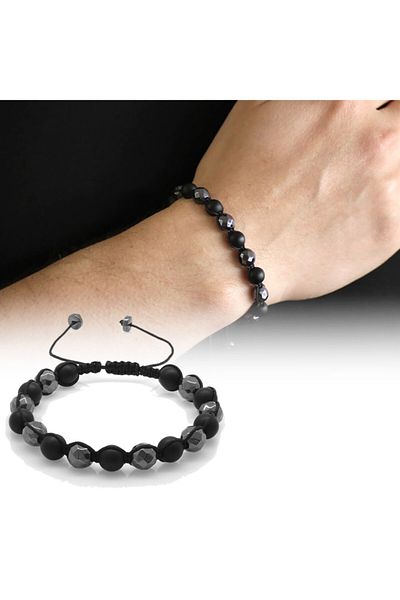 Tesbihane Macrame Braided Globe Cut Onyx-facetated Hematite Combination Natural Stone Bracelet