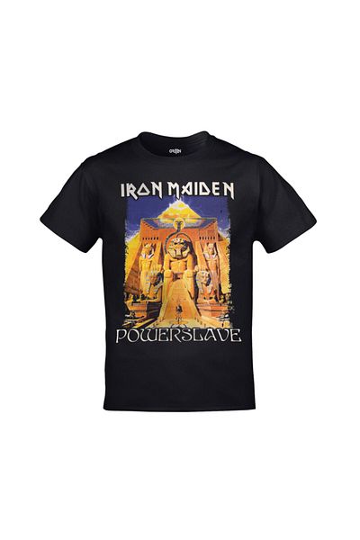 Orijin Tekstil Iron Maiden Powerslave Front and Back Printed Black Tshirt