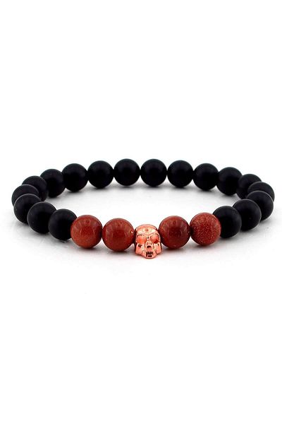 Solfera Men's Yildiz Stone and Matte Onyx Skull Bracelet B609