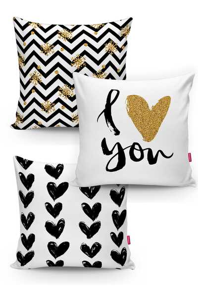 Realhomes Geometrik Love Desenli 3'lü Kırlent Kılıfı Seti