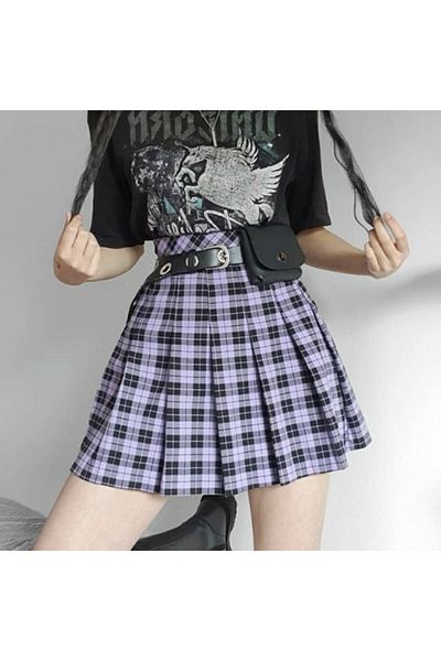 Köstebek Black Striped Lilac Plaid Skirt