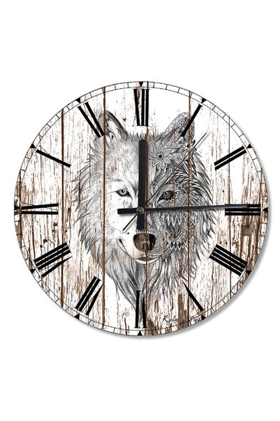 Cakatablo 30 cm Diameter Wooden Floor Wolf Design Wall Clock with Flower Eyes