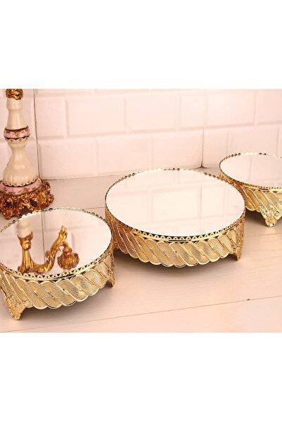 Zücev Mirror 011 Dekoratif Lüx Altın Yuvarlak 3lü Jardinyer