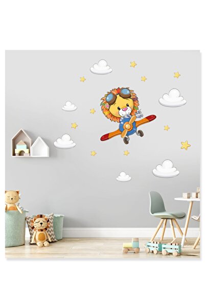 Sticker Sepetim Cute Pilot Lion Clouds And Stars Children's Room Decorative G...