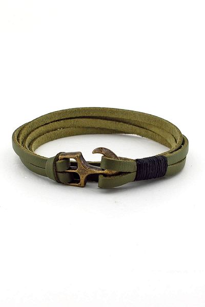 Solfera Men's Double Row Khaki Green Leather Anchor Sailor Bracelet BT374