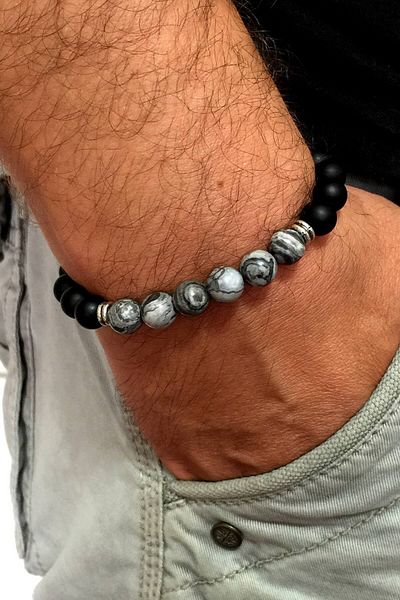 Solfera Men's Gray Jasper Onyx Natural Stone Bracelet B1816