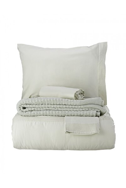 Karaca Home Çift Kişilik Brezza Su Yeşili Saten Nevresim Takımı ve Örgü Battaniye Seti