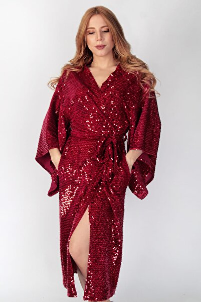 Bride To Bee Kadın Kırmızı Red Welvet Caftan Pullu Kadife Kaftan RWC204
