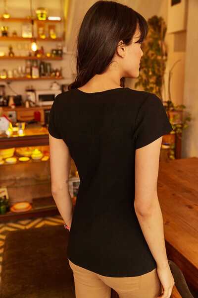 Olalook Kadın Siyah Fermuarlı Kaşkorse T-Shirt BLZ-19000112