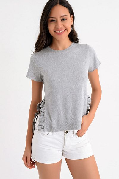 Hanna's by Hanna Darsa Women's Gray Crew Neck Short Sleeve T-Shirt with Slits on the Sides and Ruffle Detail Hn1597